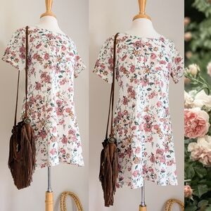 90s Pointelle Floral Short Sleeve Crew Neck Cottagecore Vintage Mini Shirt Dress